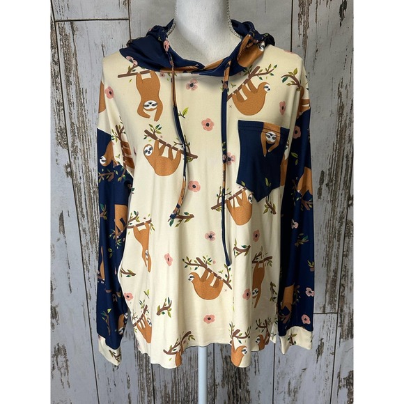 Firmiana Sweaters - Lily By Firmiana Sloth Women's Hoodie Soft Tan/Navy Size Med